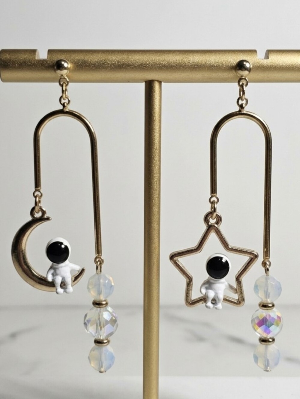 ​Celestial Astronaut Dangle Earrings | Gold Moon, Star & Opalite Glass Beads